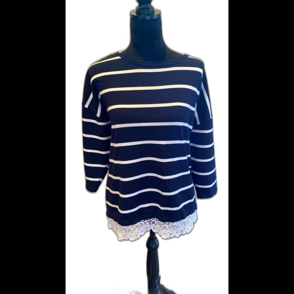 Christopher &‎ Banks Sweater Top Plus Size XL Navy White Stripes Lace Hem Zipper